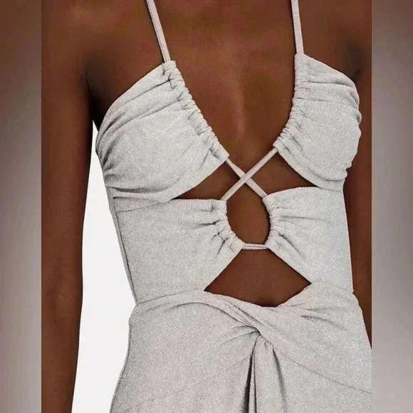 PATBO Cut-Out Lurex Maxi Dress 0 XS NWT Silver Sparkle Gown Shimmering Strappy - Picture 3 of 12